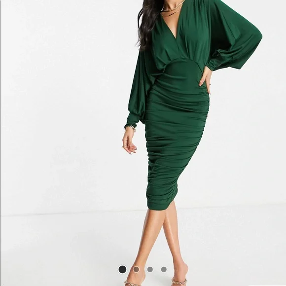 Ax Paris Green Ruched Dress Green Ruched Midi Dress With Gold Chain Straps   AX Paris